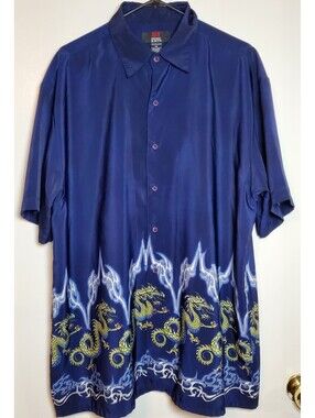 Emergency Exit Dragon Shirt Men's XL Blue Y2K Korean Button Up Short Sleeve